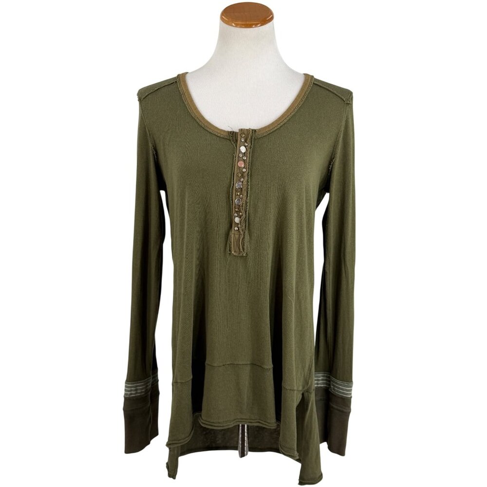 Free People Olive Green Long Sleeve Relaxed Henley Top | Boho Cottagecore Indie - Picture 3 of 16